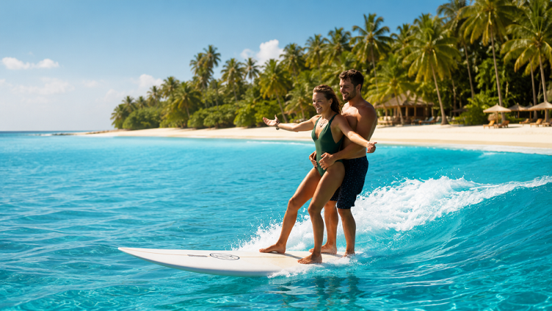 Couple surfing in Sri Lanka blue ocean